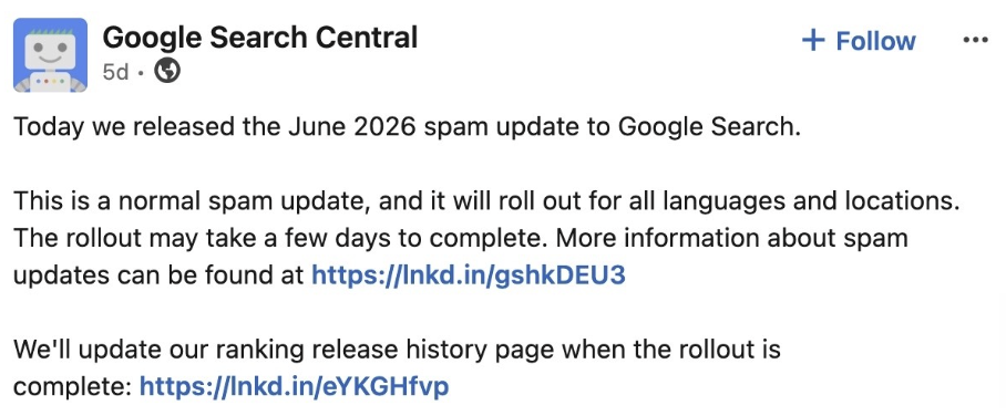 Annonce Google Search Central — spam update juin 2026
